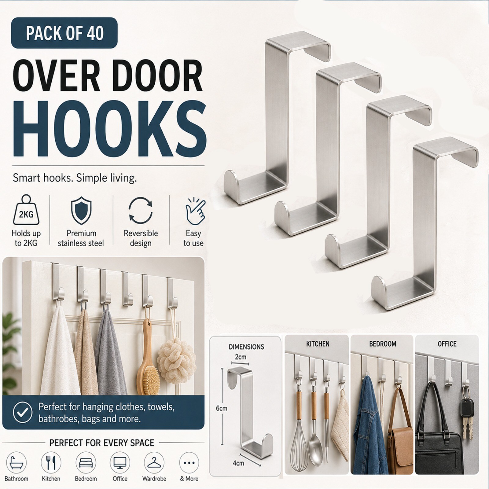 Pack of 40 Over The Door Hanging Hooks Stainless Steel Reversible Hooks for Towels Hats Bags Jackets Coats