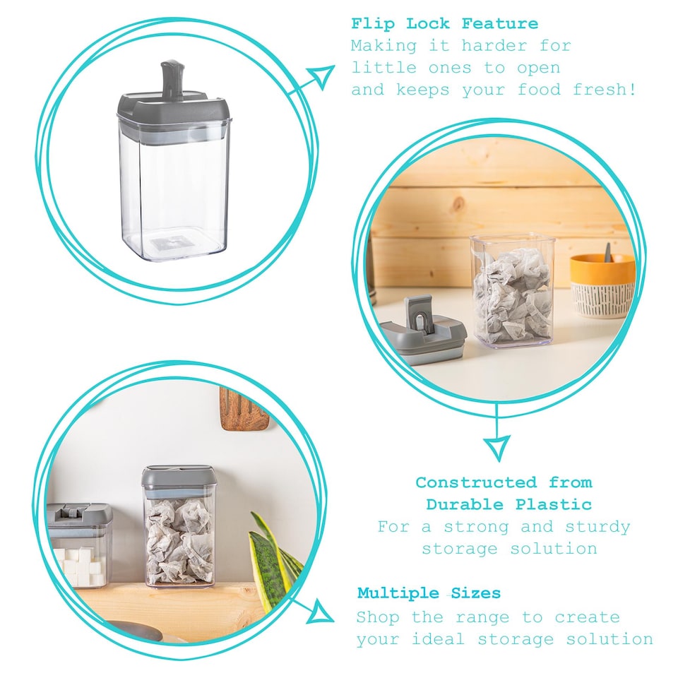 image 1 of Argon Tableware 4pc Food Storage Containers Set - Grey Airtight Plastic Storage Pantry Food Organiser with Flip Lock Lid 2 Sizes