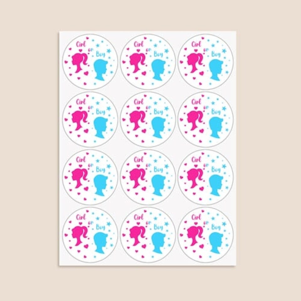 image 1 of Dolls Gender Reveal Round Stickers 60mm - Sheet of 12