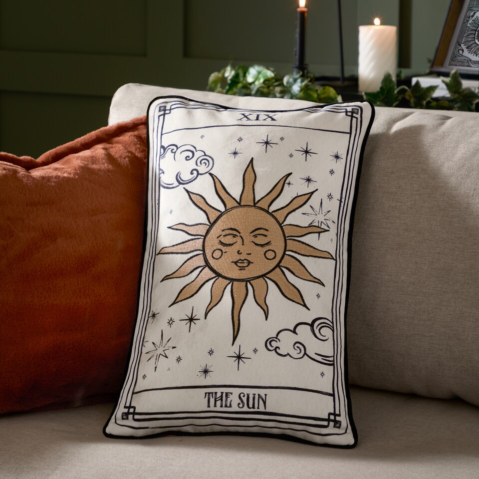 image 1 of Furn Celestial Stories Embroidered Velvet Cushion | Cream | Linen/Black