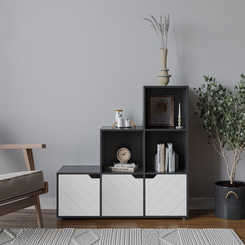 image 1 of 6-Cube Step Shelving Unit With Line Doors | Black | Black & White | 1