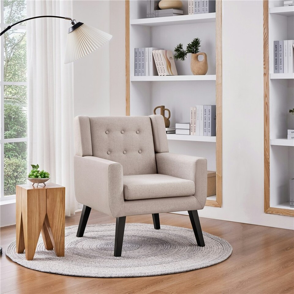 image 1 of Yaheetech Linen Fabric Accent Chair with Wood Legs Removable Cushion Blue | Navy Blue