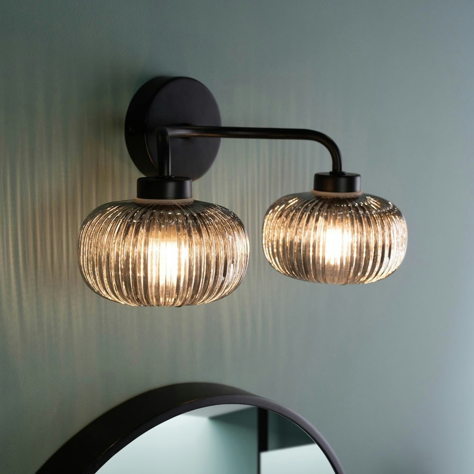 image 1 of ValueLights Amaia Matte Black IP44 Rated 2 Way Smoked Ribbed Glass Wall Light