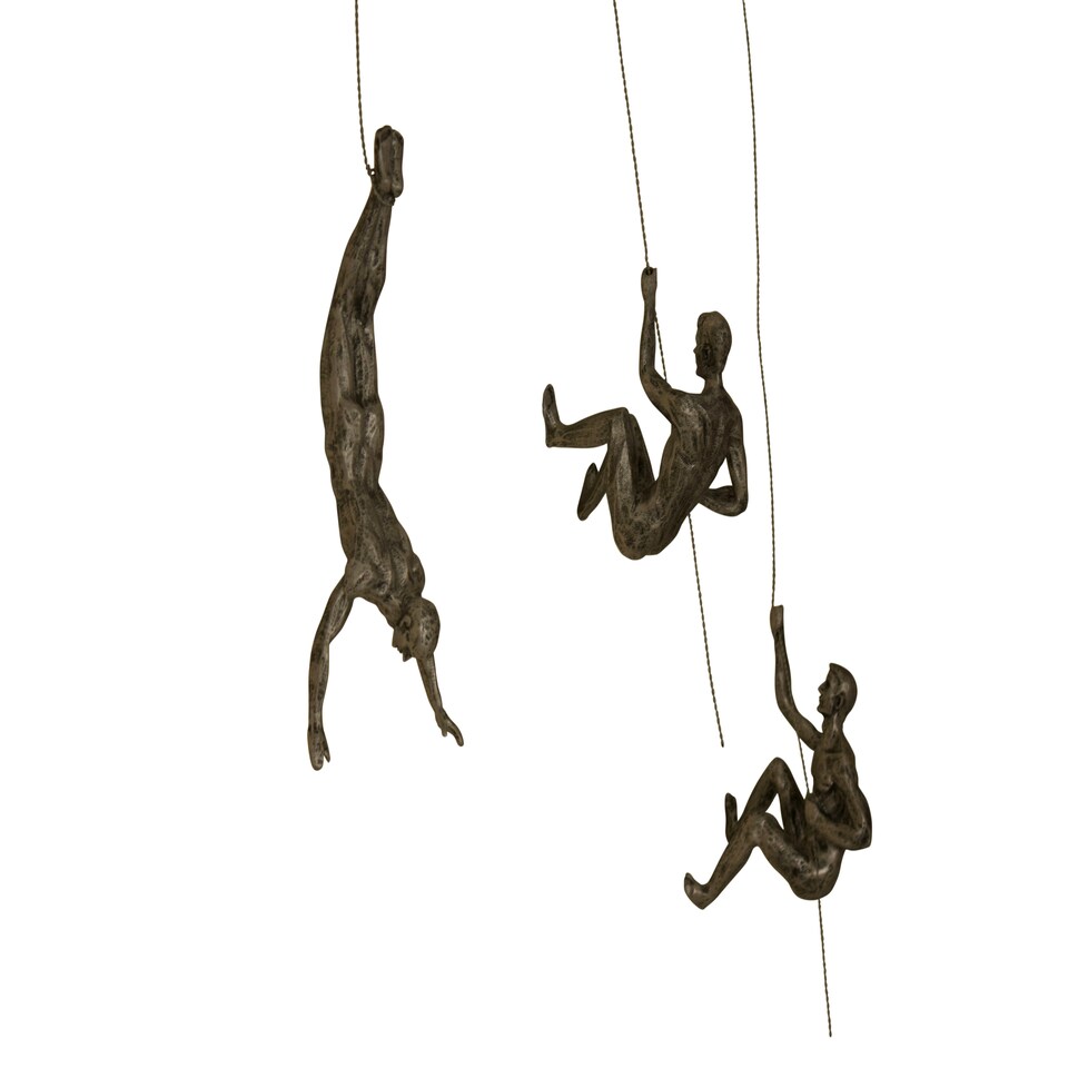 image 1 of Large x3 Bronze Colour Climbing Men With Nail Caps Wall Hanging Ornaments Art Installation Sculptures of Climber Figures on Realistic Metal Wires