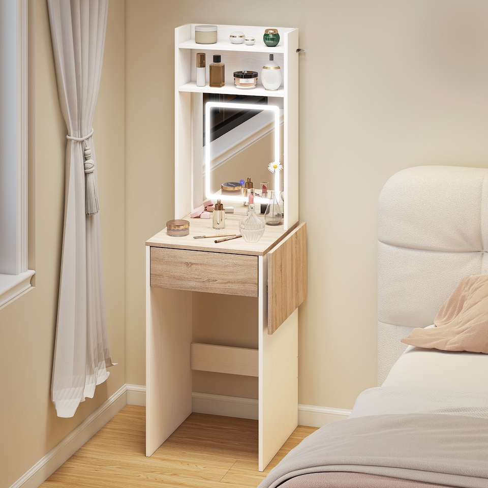 image 1 of HOMCOM Compact Dressing Table with Lighted Mirror Open Shelves Drawer | White