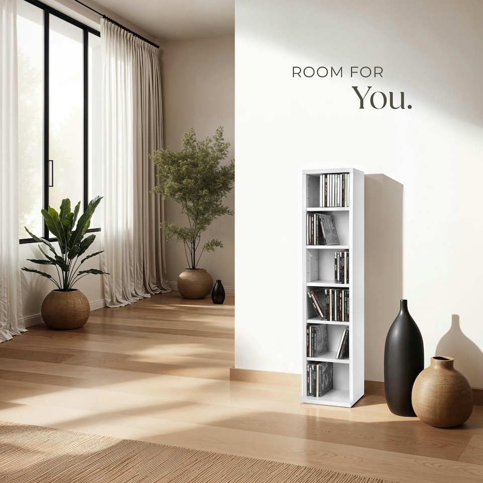 image 1 of CD DVD Storage Tower Media Display Unit Adjustable Shelves Wood Effect 102 CDs or 27 DVDs White