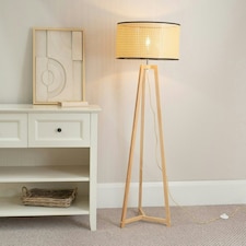 ValueLights Lottie Natural Wood Tripod Floor Lamp with Wicker Drum Shade