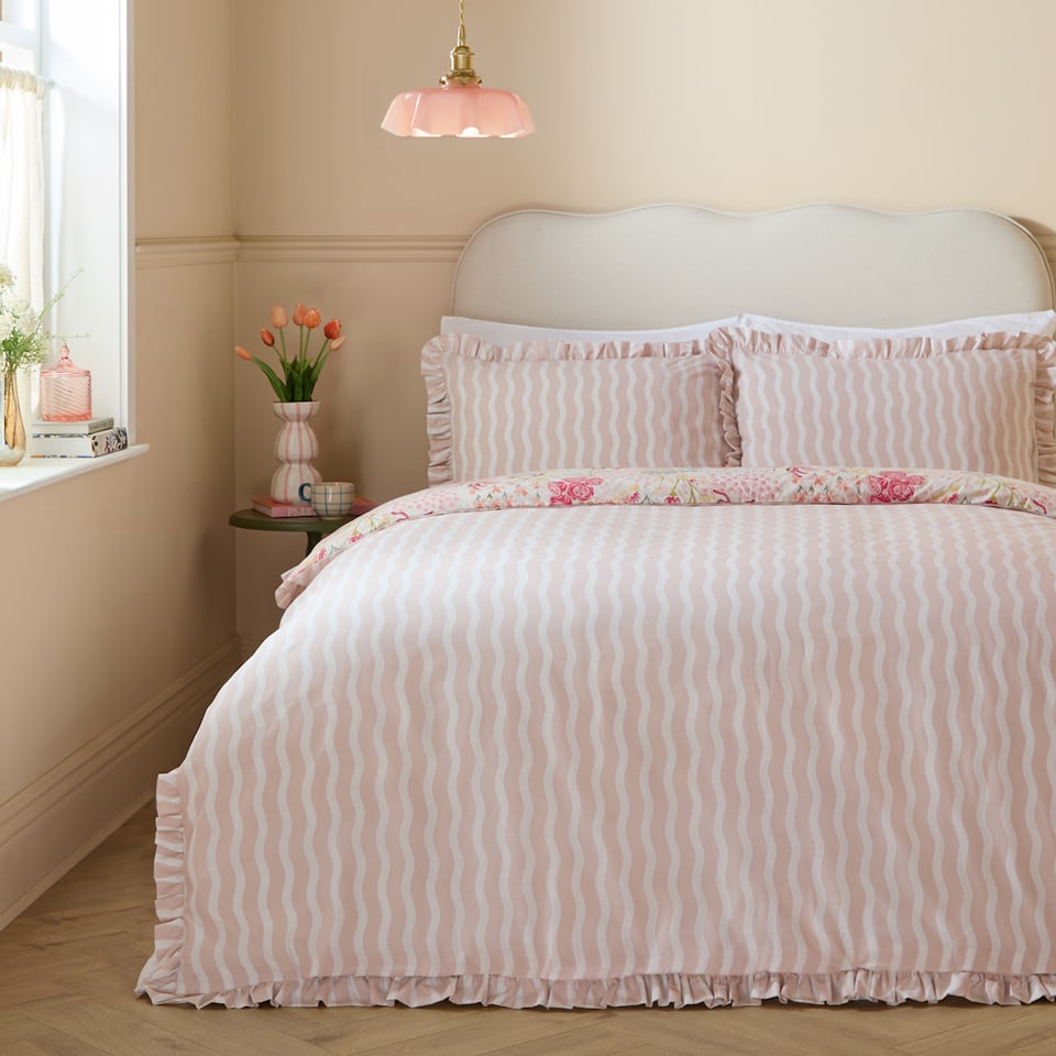 image 1 of Furn Gardenia Reversible Ruffle Duvet Cover Set | Pink | Pink/Pebble | King | 1