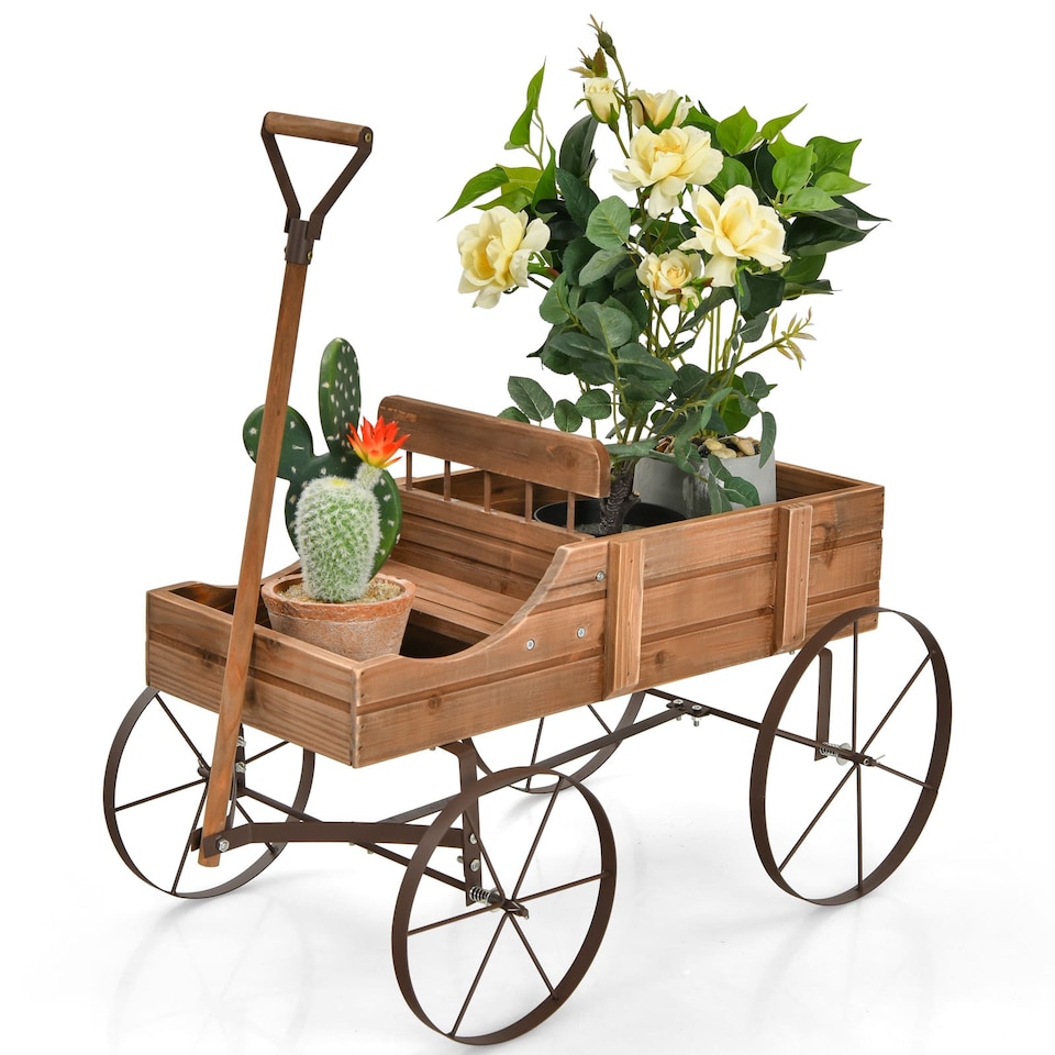 image 1 of COSTWAY Wood Wagon Flower Planter Decorative Pot Stand with Wheels-Coffee
