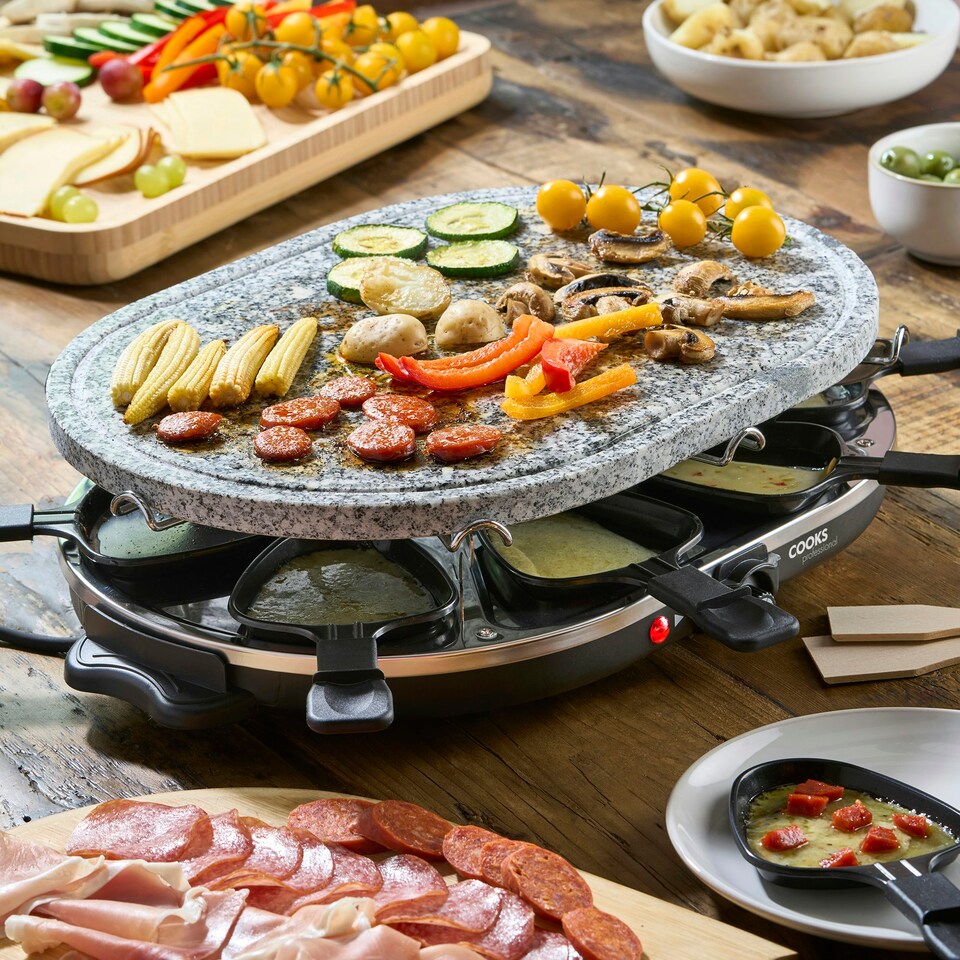 image 1 of Cooks Professional Electric Raclette Grill with Stone Plate 8 Cheese Fondue Pans