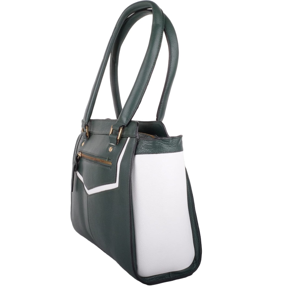 image 1 of London Leathergoods Womens Premium Large Leather Handbag Shoulder Bag with Contrasting Colours | Green | Green/White