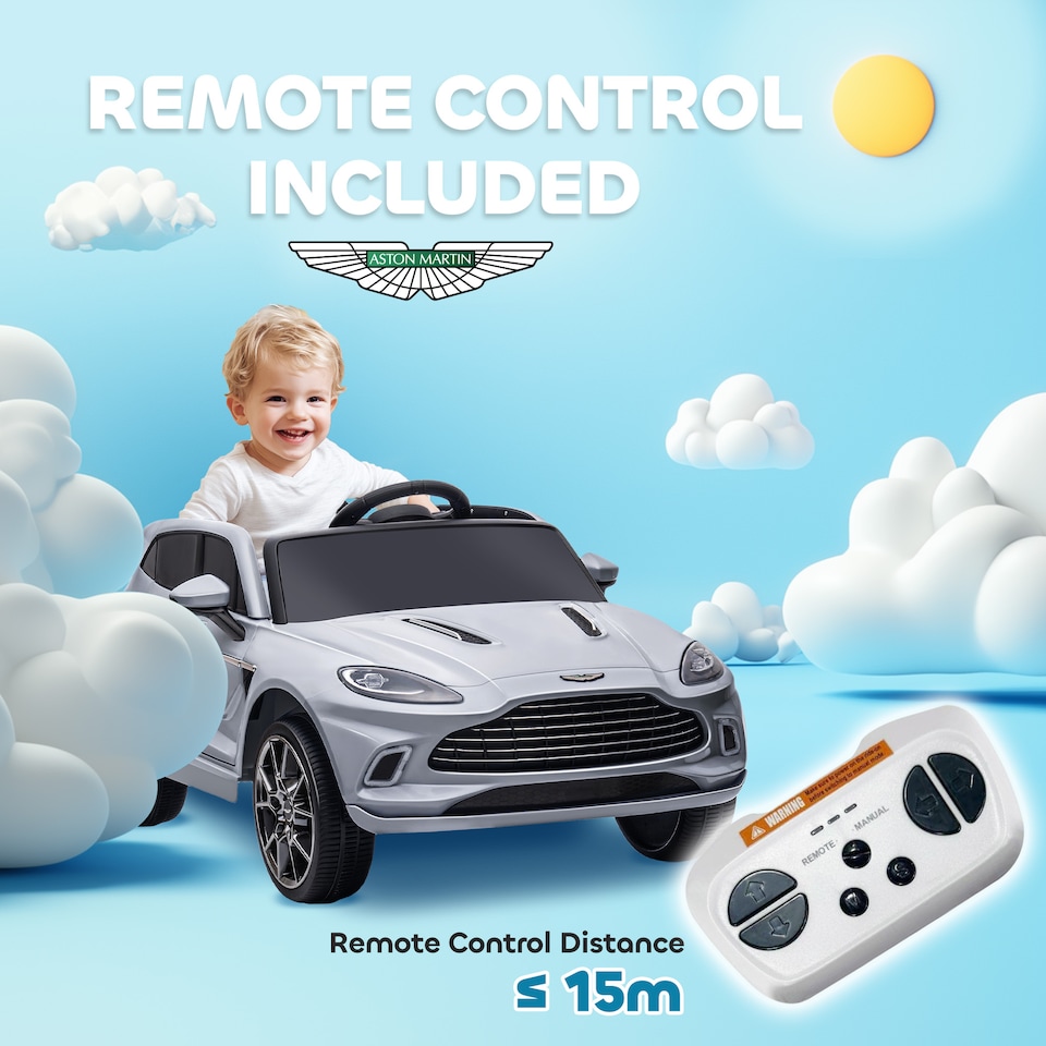 image 1 of AIYAPLAY 12V Kids Electric Car, Aston Martin DBX Licensed Kids Ride on Car with Remote Control, 4 Suspension Wheels, LED Lights, Music, Horn, Slow Start, for Ages 3-6 Years, Grey