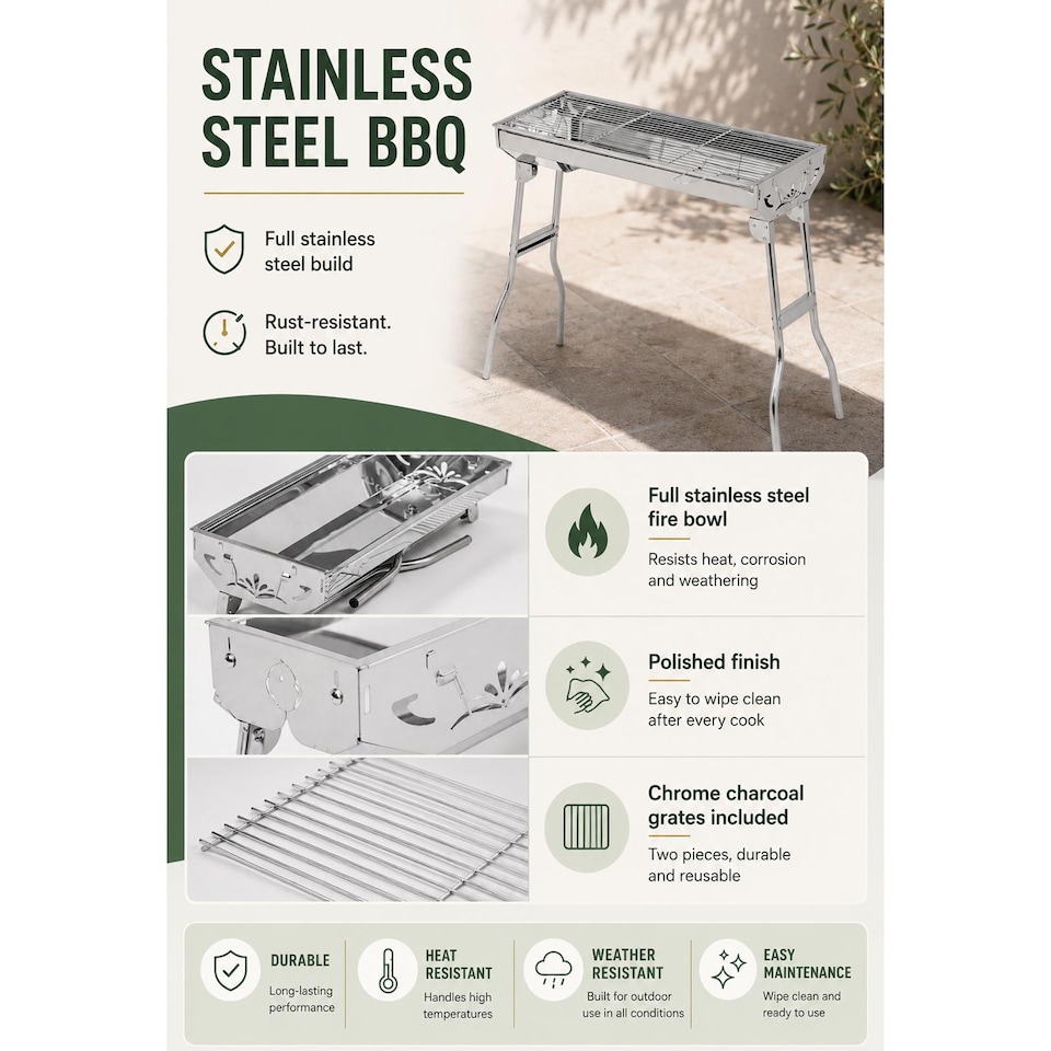 image 1 of Portable Charcoal BBQ Grill Folding Stainless Steel Barbecue Camping Festival