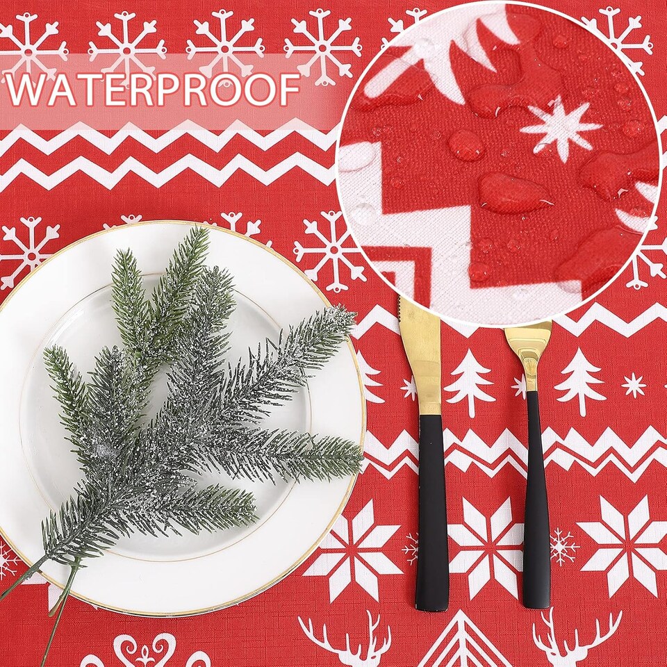 image 1 of London Boutique Christmas Tablecloth, Water‑Resistant, Boho Snowflake and Reindeer Print, Red, 52 x 52 in