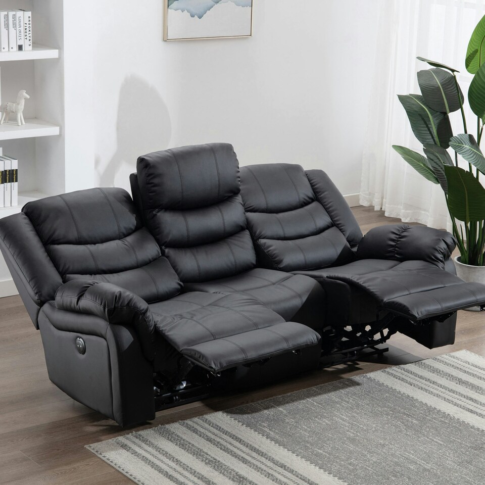 image 1 of Seattle 3 Seater Electric High Back Bonded Leather Recliner Sofa (Black)
