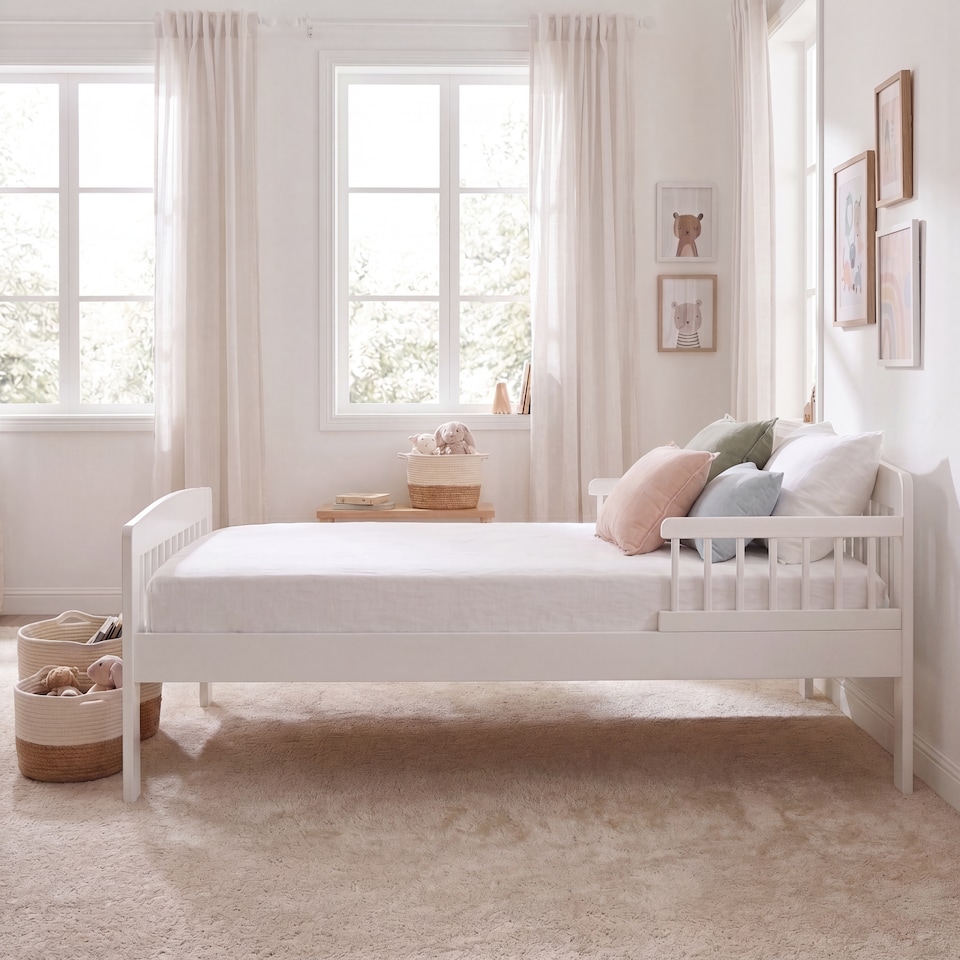 image 1 of Junior Vida Scorpio Toddler White Bed Frame With Side Rails - H 57 x W 75 x D 144 cm