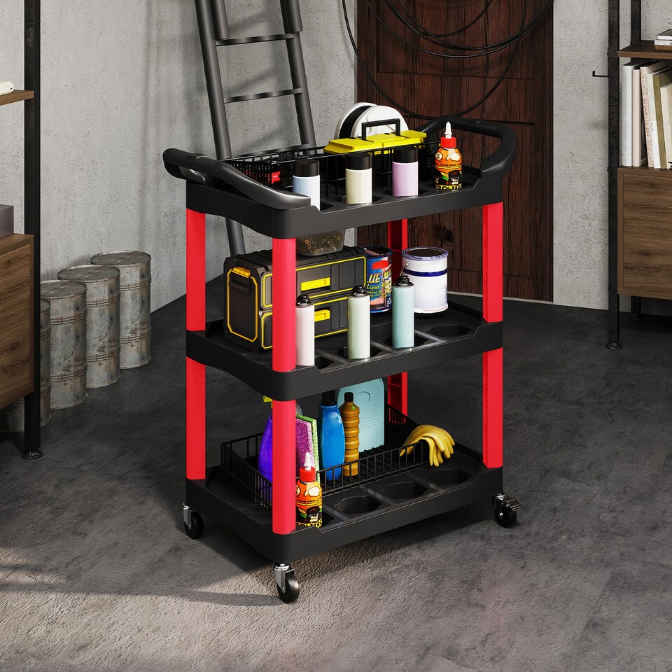 image 1 of HOMCOM 3-Tier Rolling Tool Cart, Tool Trolley on Wheels for Garage, Black | Red | Black and Red