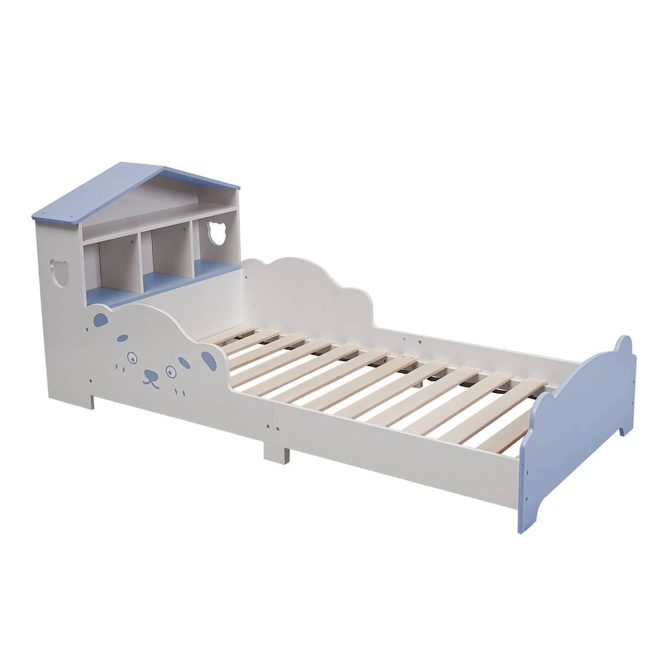 image 1 of TOTO Wooden Toddler Bed w/ Integrated Bookshelf Storage Junior Kids Frame - Blue