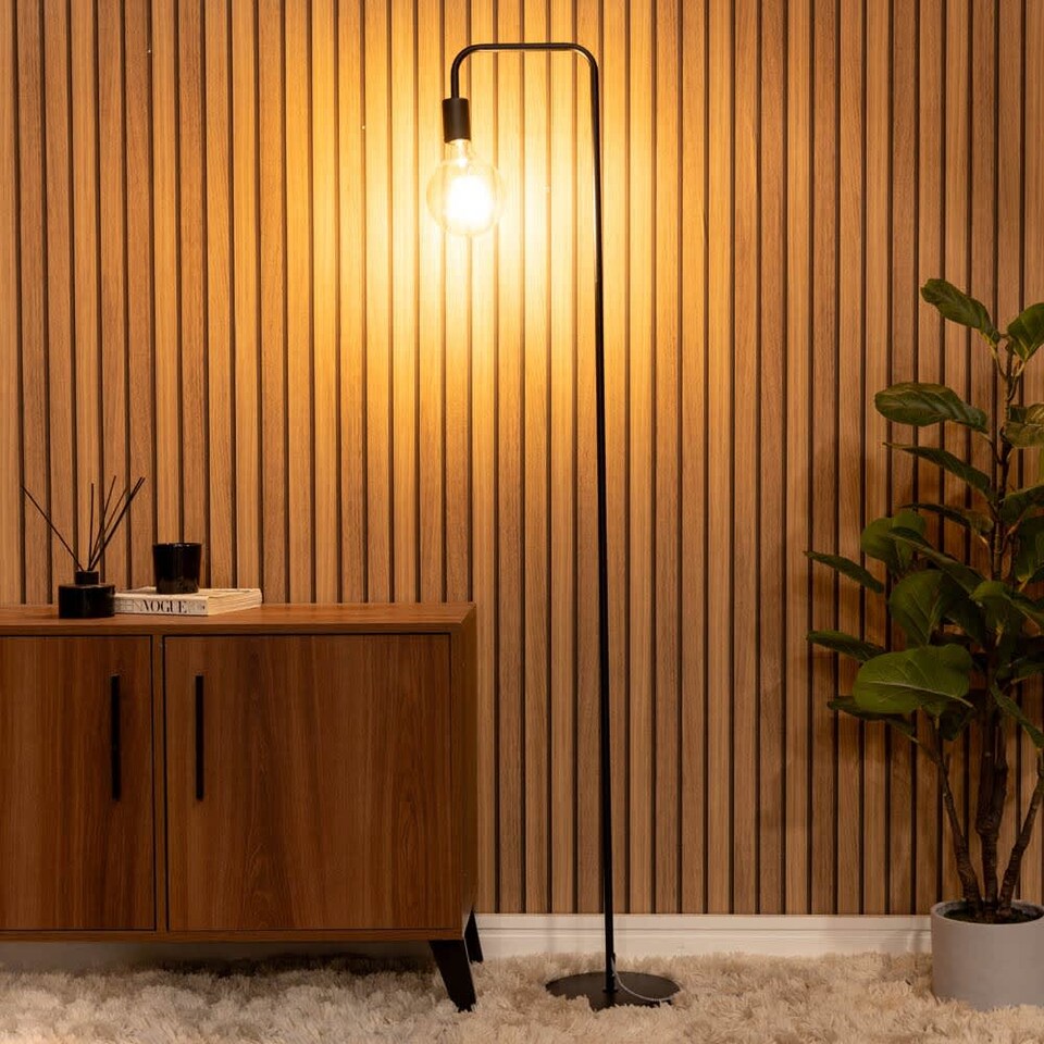 image 1 of ValueLights Bronx Industrial Style Black Metal Curved Stem Floor Lamp - Bulb Included | Black