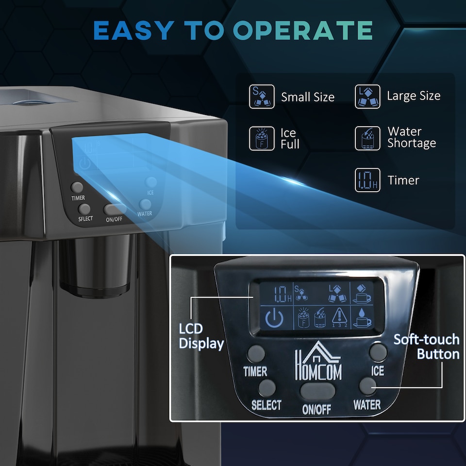 image 1 of HOMCOM 3L Ice Maker Machine and Water Dispenser, 12kg in 24H, 2 Size Options 9 Ice Cubes Ready in 6-10 Mins Countertop Ice Machine for Home, Kitchen, Office, Bar, Black
