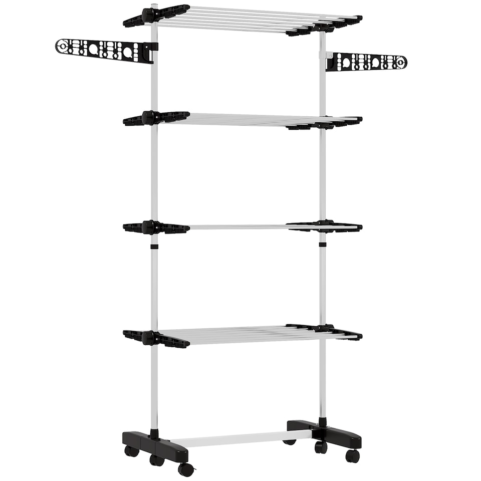 image 1 of HOMCOM 4-Tier Clothes Airer, Stainless Steel Foldable Clothes Drying Rack with Wheels and Wings, Indoor and Outdoor, Easy Assembly, 142 x 55 x 172cm, Black