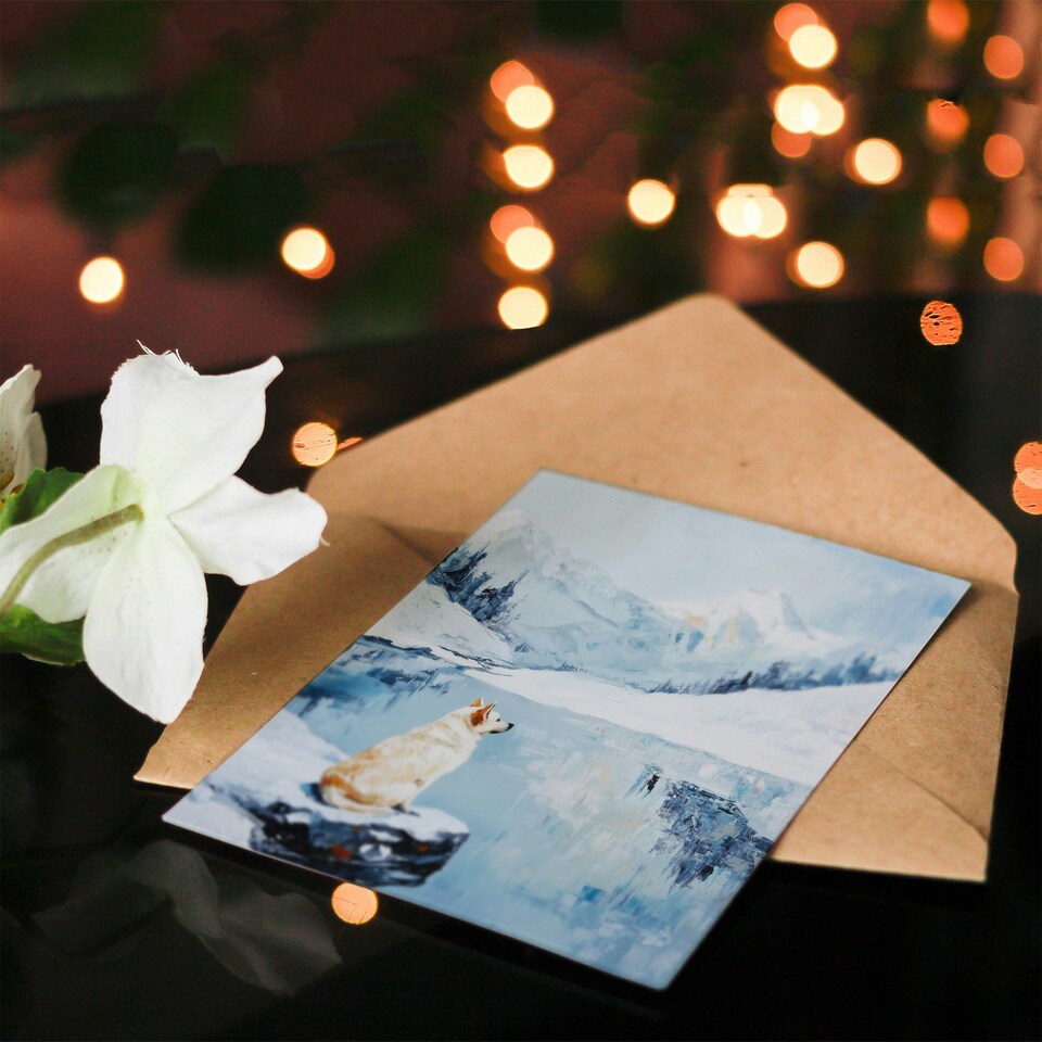 image 1 of Husky In Snowy Mountain Lake Landscape Dog Lover Birthday Greeting Card