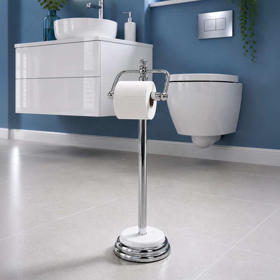image 1 of Showerdrape Opera White/Chrome Freestanding Toilet Roll Holder | Multi | 1