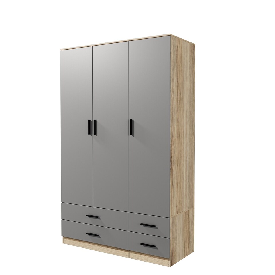 image 1 of 3 Door 4 Drawer Wardrobe With Hanging Rail And Storage Shelf | Brown | Oak Carcass & Grey Door | 1