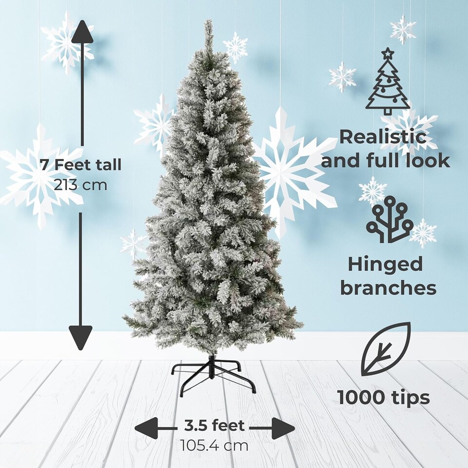 image 1 of 7ft Neo Scandinavian Tips Spruce Fir Artificial Christmas Tree Xmas Realistic Branches Green Natural Branches with Solid Metal Legs (Snow Flocked) | Green