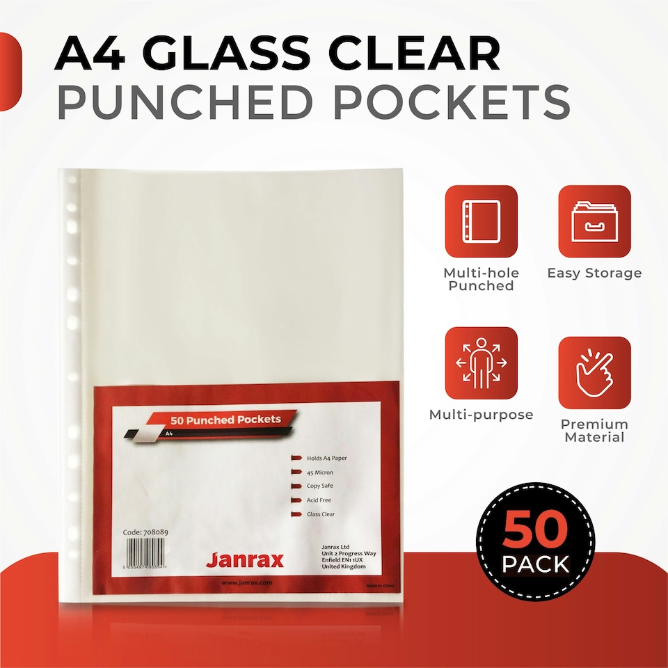 image 1 of Pack of 250 A4 Glass Clear Punched Pockets by Janrax