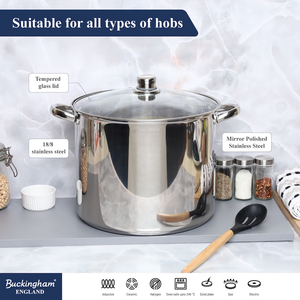 image 1 of Buckingham Deep Stock Pot Stainless Steel with Glass Lid 30 cm , 16.5 Litre