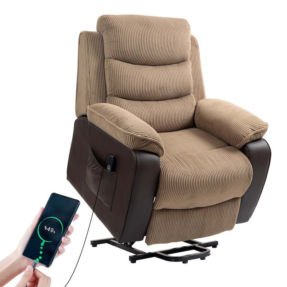 image 1 of HOMCOM Power Lift Recliner Chair for Elderly, Patchwork Design Oversized Electric Riser and Recliner Armchair for Living Room with Remote Control, USB Port and 2 Side Pockets, Brown | Brown | Brown