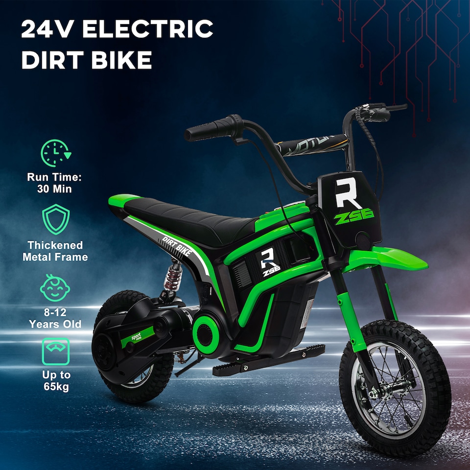 image 1 of HOMCOM 24V Kids Electric Motorbike with Twist Grip Throttle, Music, Horn - Green