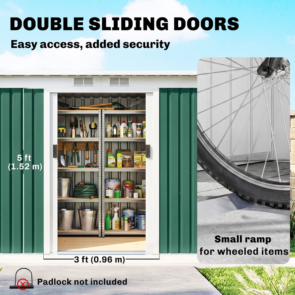 image 1 of Outsunny 9 x 4FT Waterproof Metal Garden Storage Shed w/ 2 Door, Dark Green