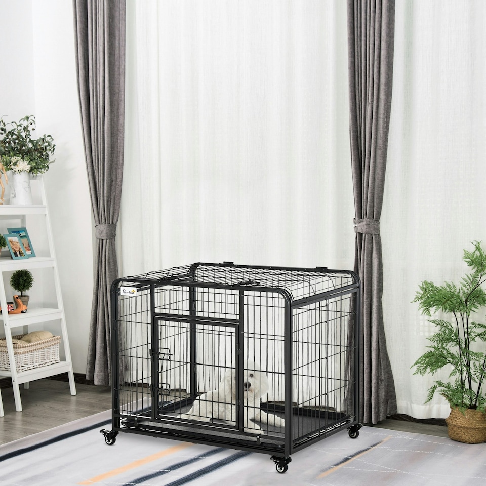 image 1 of PawHut 69.5x94cm Metal Dog Cage Kennel w/ Locking Door & Wheels Medium Pets