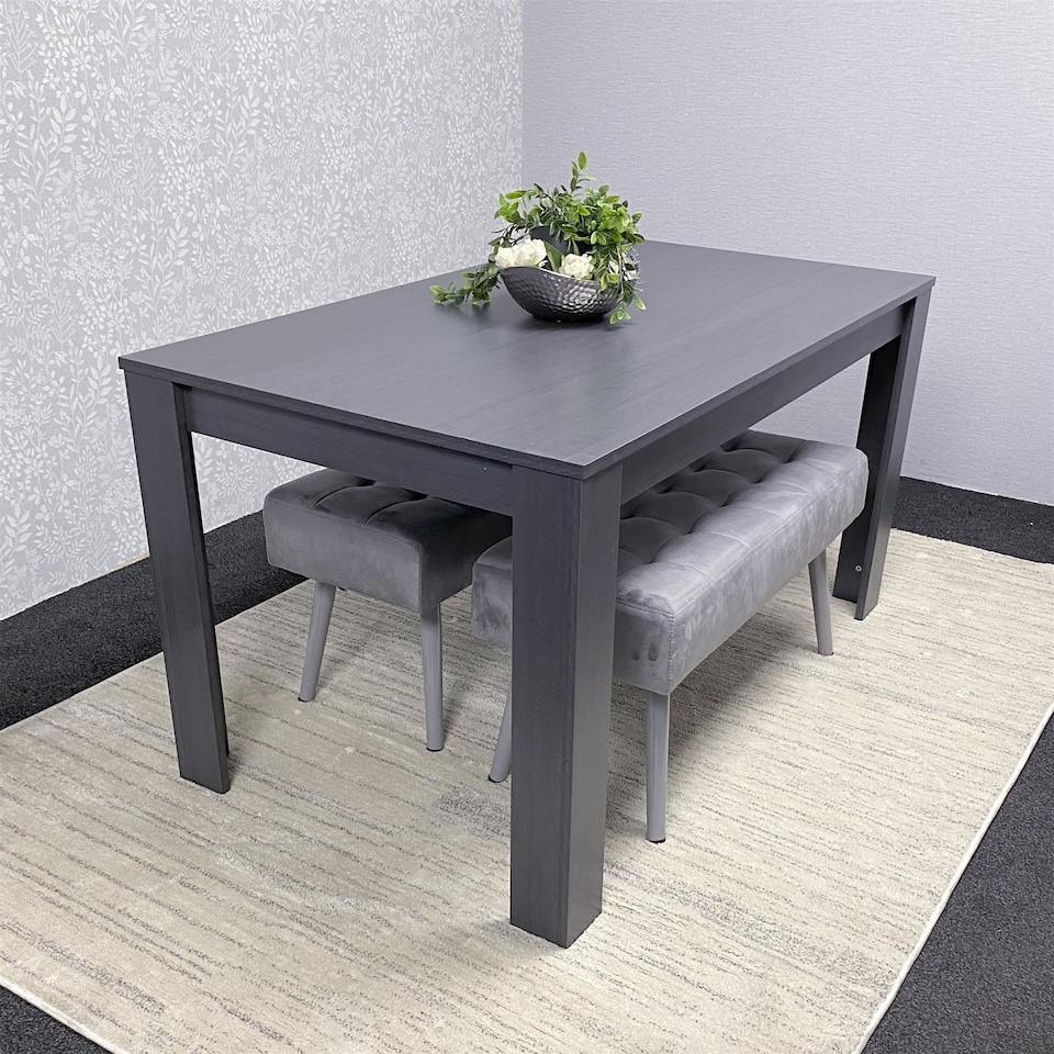 image 1 of Wooden Dining Table Set with 2 Grey Velvet Benches  Modern Dining Furniture