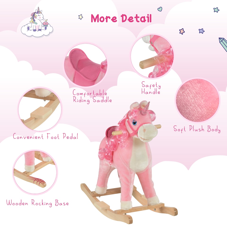 image 1 of HOMCOM Kids Plush Rocking Horse Ride On Unicorn with Sound Moving Mouth Wagging Tail Children Rocker Toy Gift 3-6 Years Pink