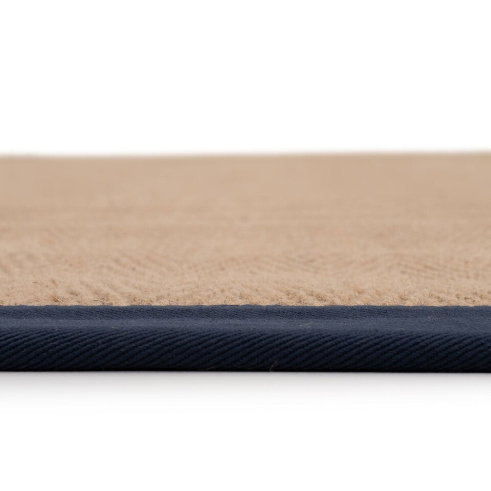 image 1 of KUKOON Natural Golden Beige Jute Micro Woven Herringbone Pattern Cotton Border Area Rug 80cm x 150cm
