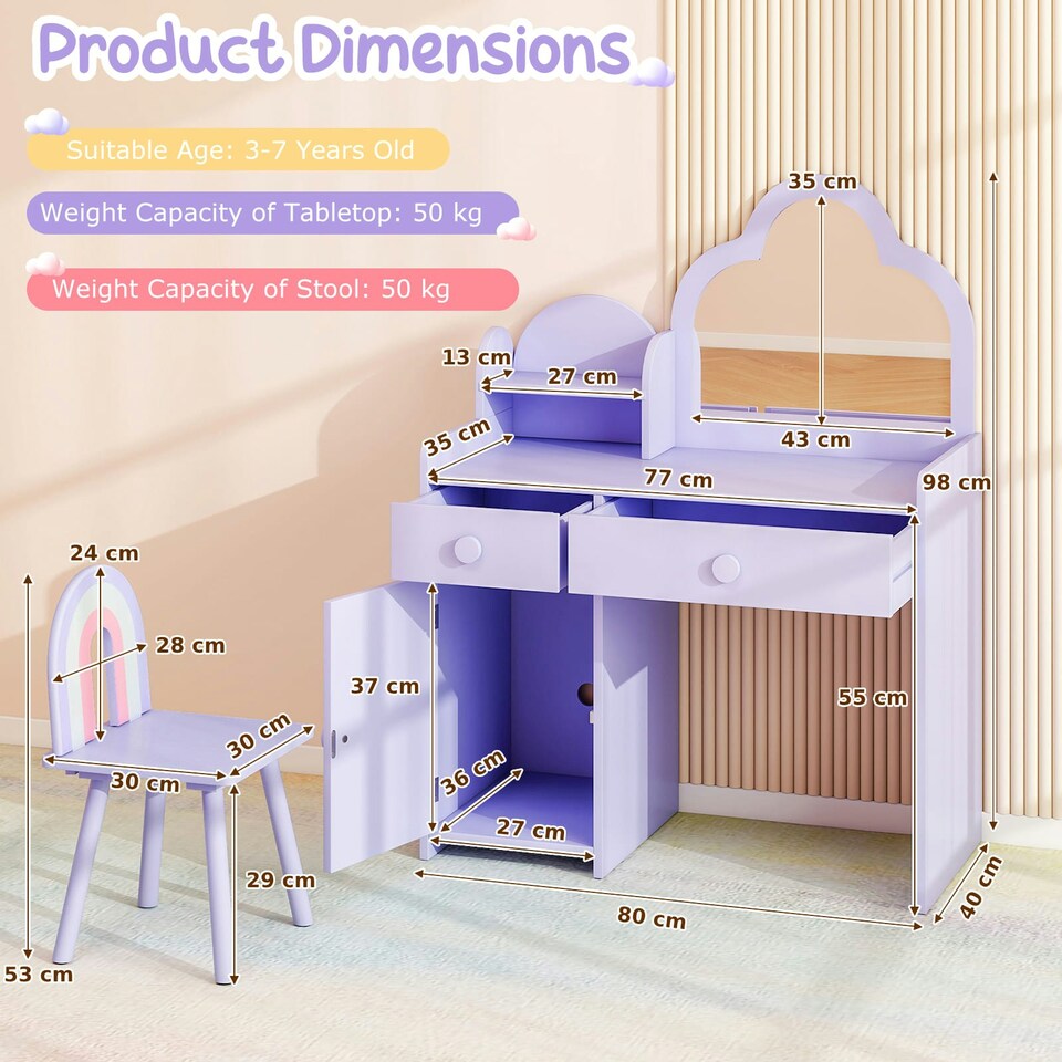 image 1 of COSTWAY Kids Vanity Table and Chair Set w/Mirror Purple