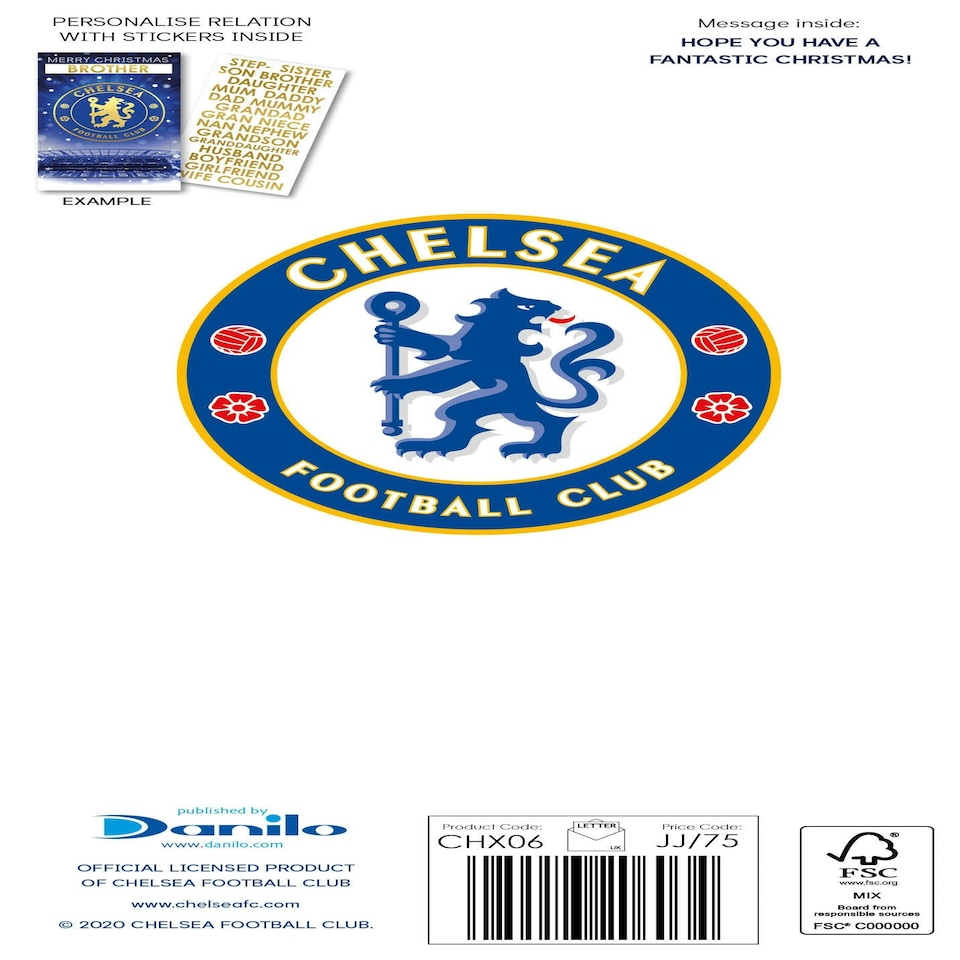 image 1 of Chelsea FC Personalise Christmas Card With Sticker Sheet