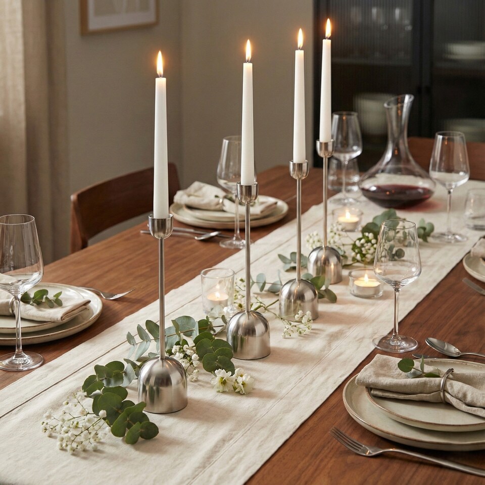 image 1 of Metal Taper Candlestick Bell Candle Holder Stand Wedding Centrepiece Display | Silver | 2x Silver 36cm