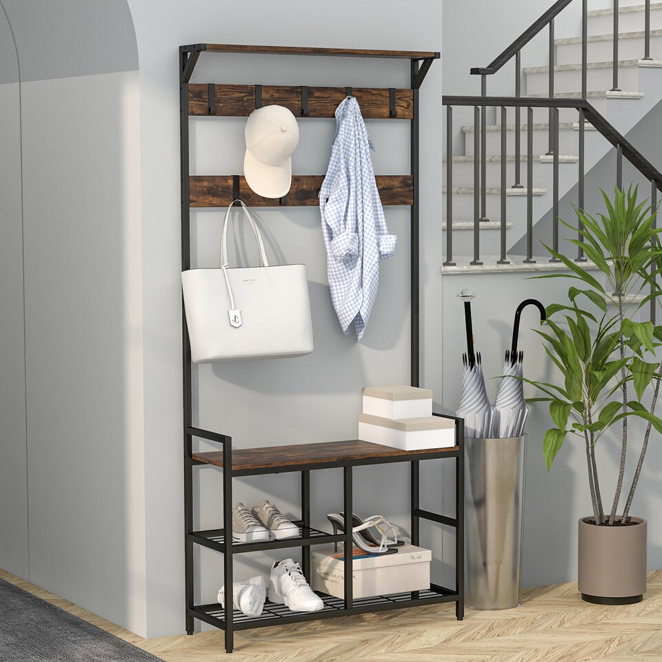 image 1 of COSTWAY 3 in 1 Coat Rack Hall Tree with Shoe Bench   Shoe Storage Coffee