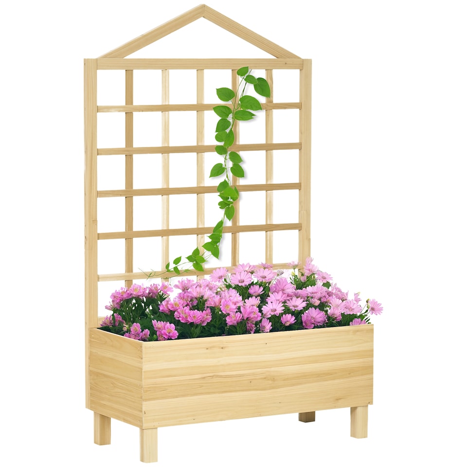 image 1 of Outsunny Wooden Garden Planters with Trellis for Vine Climbing Plants, Natural