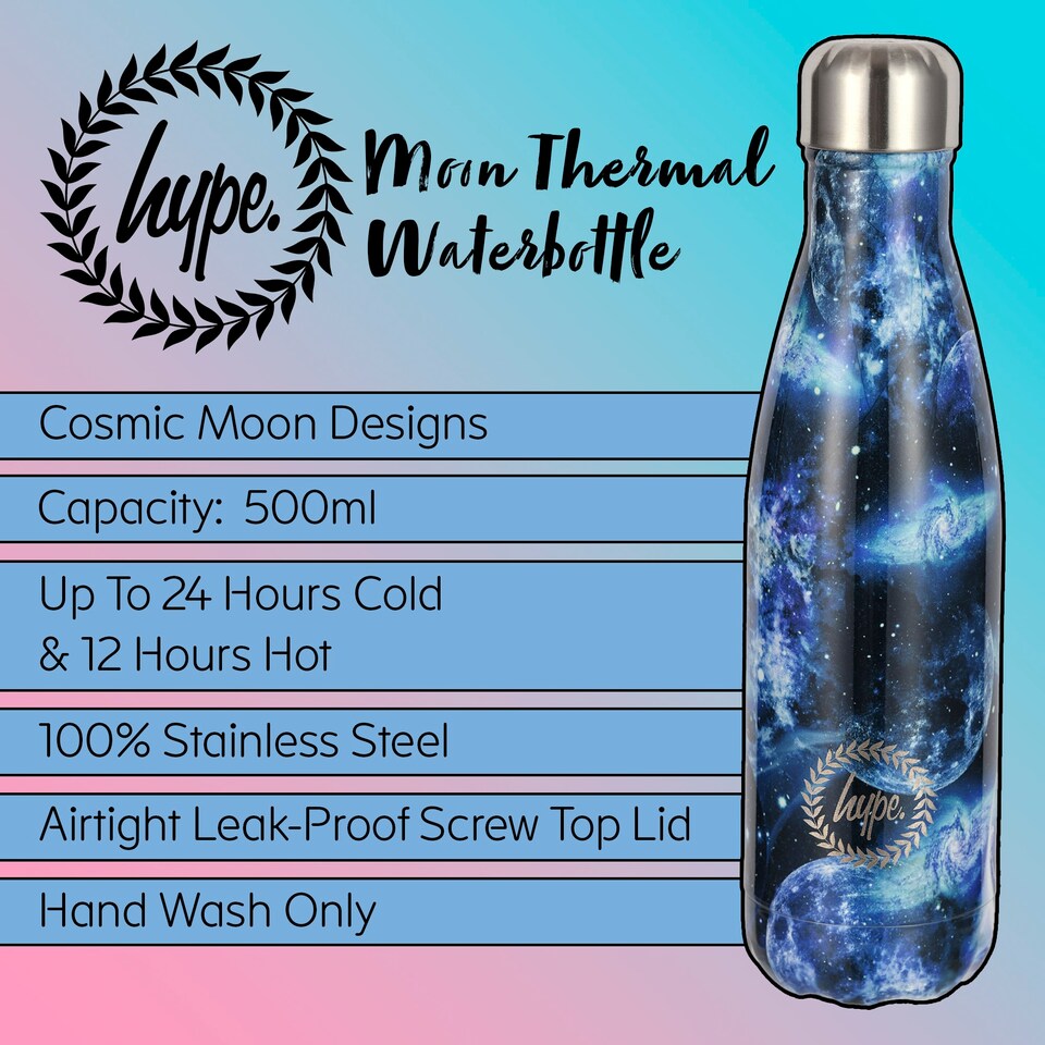 image 1 of Thermal Water Bottle Multi Moon Print | Blue Stainless Steel Leak Proof Bottle | Blue | Blue | One Size | 1