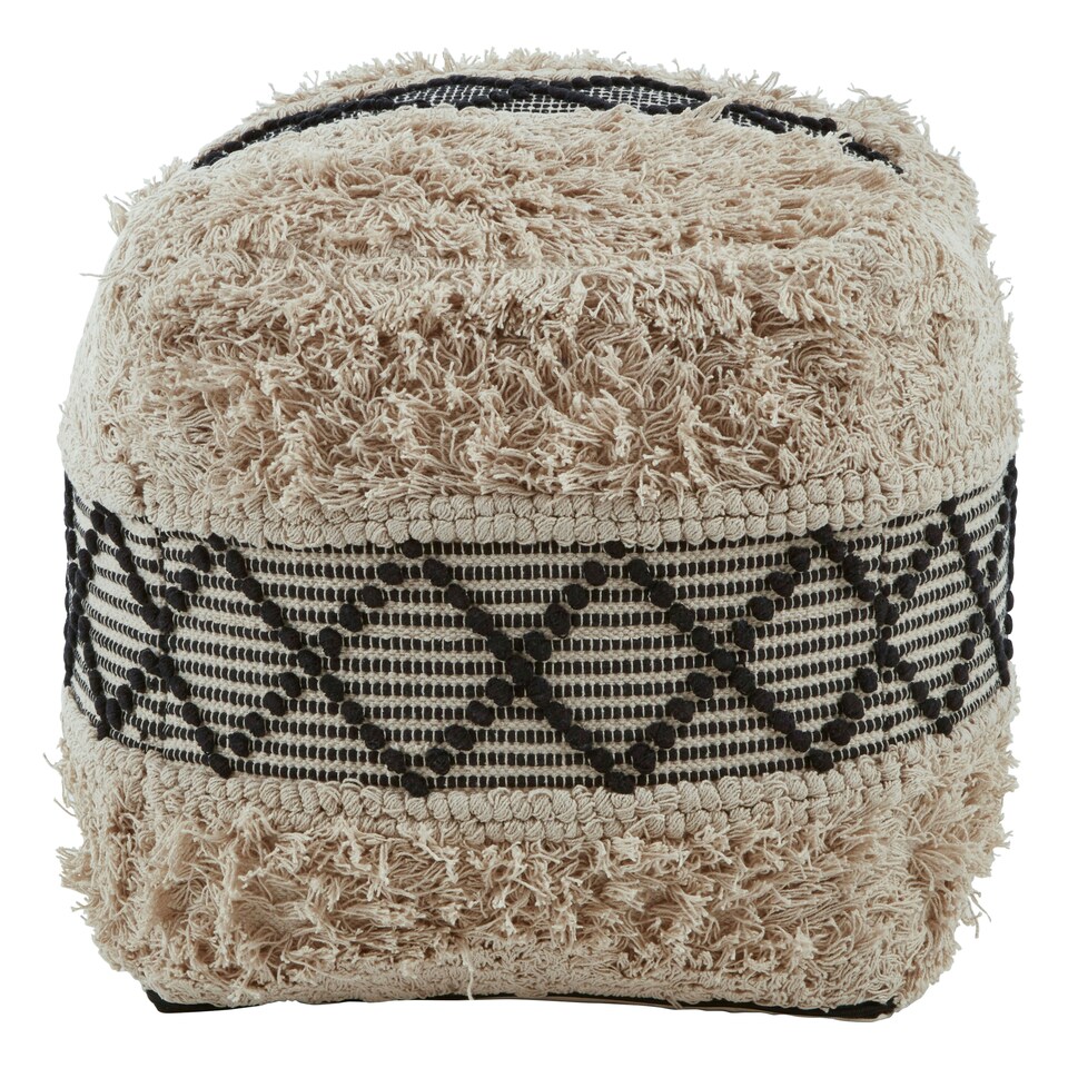 image 1 of Cefena Black and White Shaggy Pouffe Cream