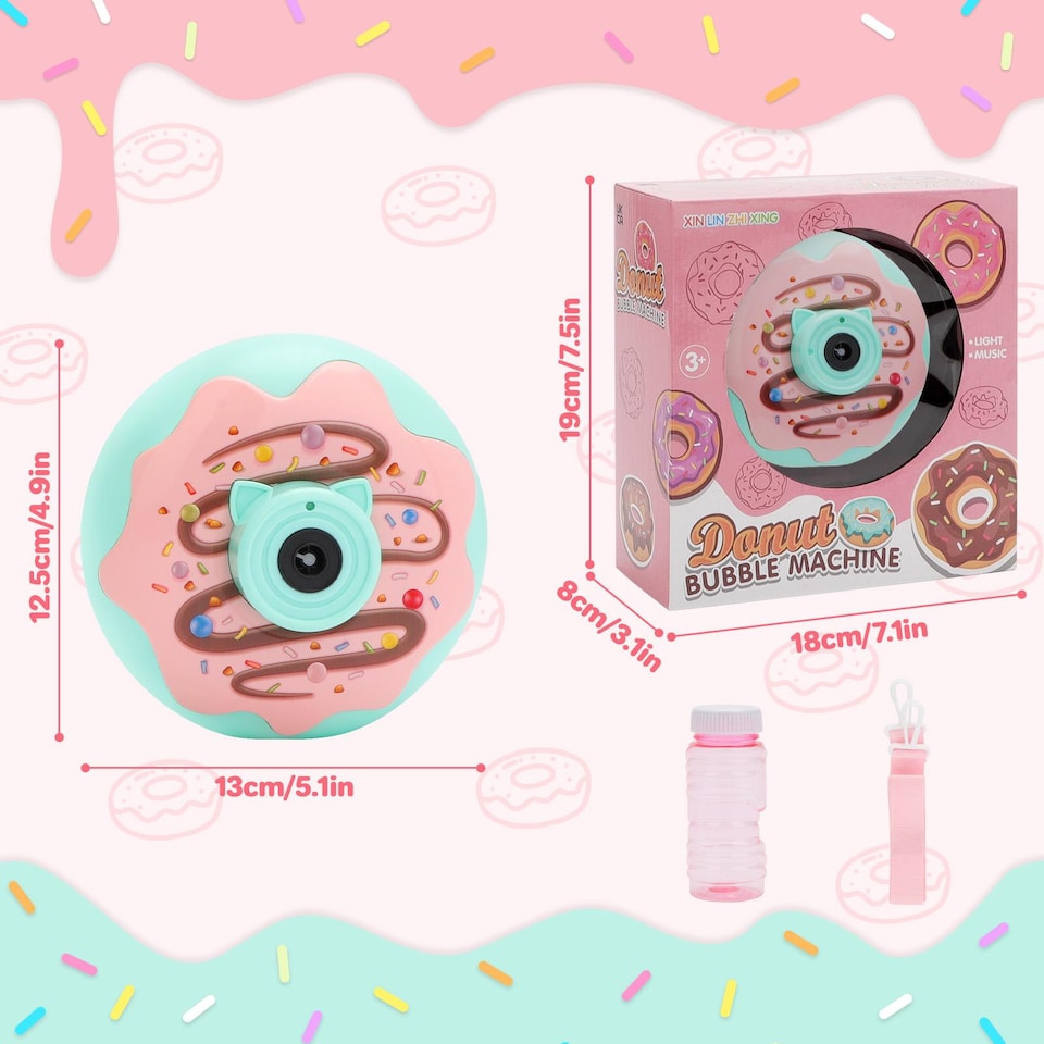 image 1 of Donut Bubble Camera for Kids - Automatic Bubble Gun with Lights and Music - Fun Outdoor Bubble Machine for Birthdays and Parties (Green&Pink)