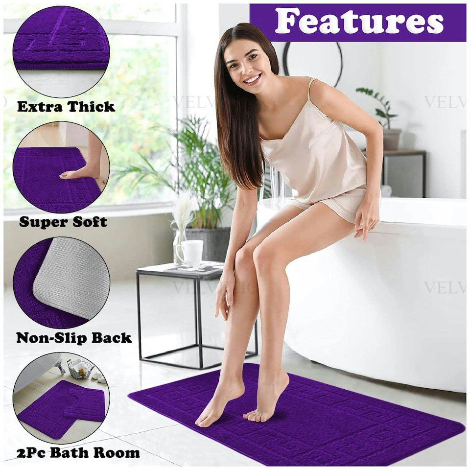 image 1 of VELVETIO Greek Bath Mat & Pedestal Mat Water Absorbent Non Slip Toilet Rugs Purple