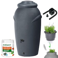 Water Butt Kit with Tap, Diverter & Bio Cleaner – Rainwater Collector for Garden, Balcony & Terrace – Durable Plastic Water Storage Tank | Black | 210L