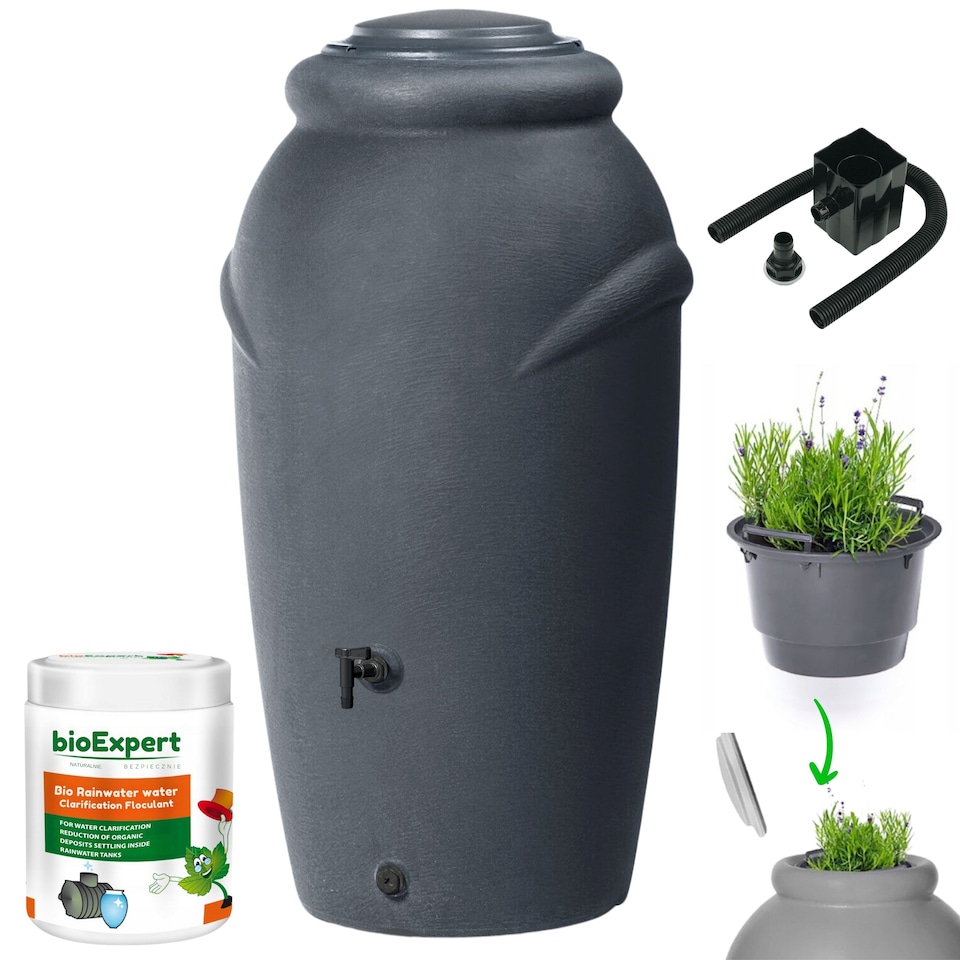 image 1 of Water Butt Kit with Tap, Diverter & Bio Cleaner –  Rainwater Collector for Garden, Balcony & Terrace – Durable Plastic Water Storage Tank | Black | 210L