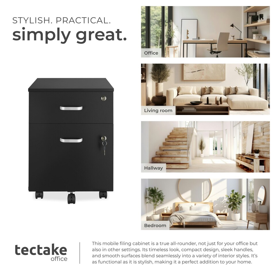 image 1 of Filing Cabinet - 2 rolling, lockable drawers, fits A4 documents Black